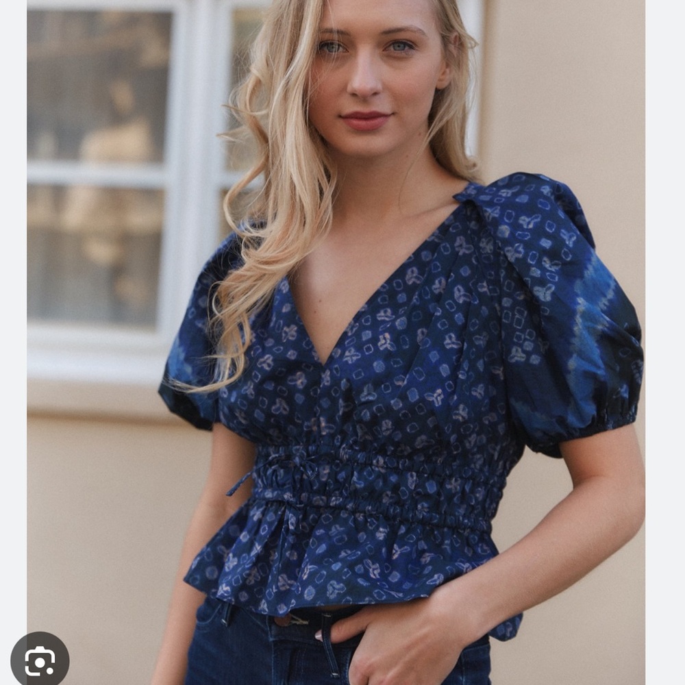 Ulla Johnson Ines ruched top ultramarine Puff Sleeve Smocked Blouse size 2